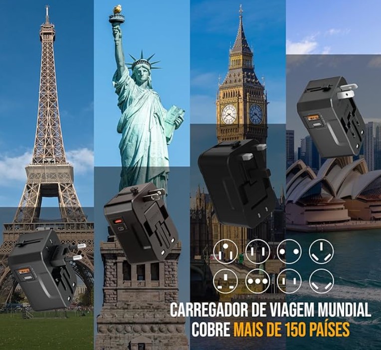 Um adaptador de tomada universal com portas USB-C rápidas é o acessório definitivo para viajantes modernos, pois elimina a necessidade de carregar múltiplos carregadores pesados, permitindo conectar aparelhos do mundo todo e carregar celulares ou notebooks simultaneamente.